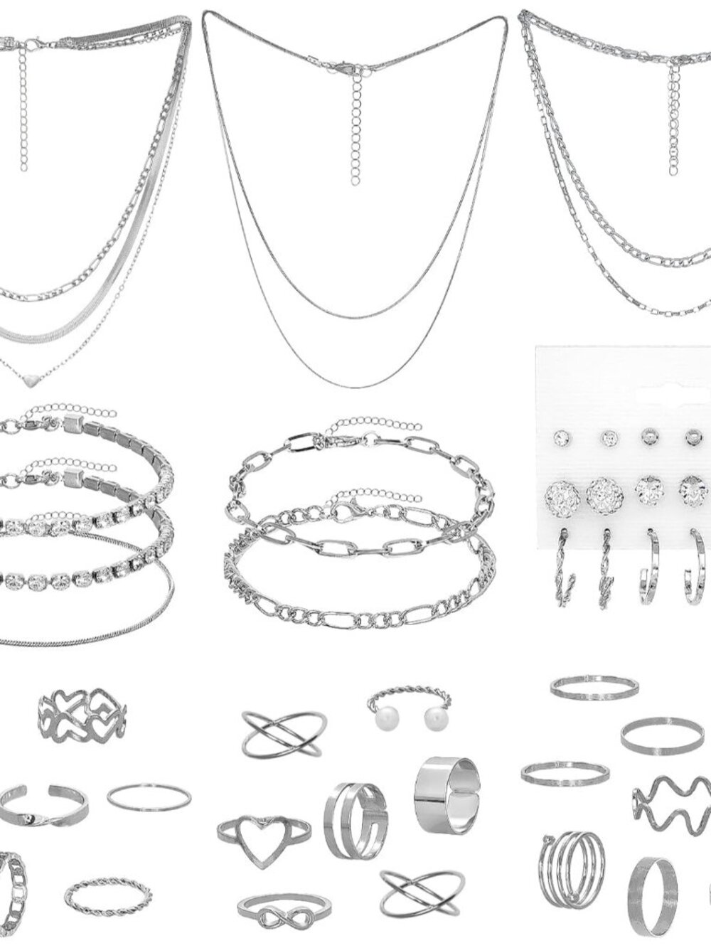 Silver Jewelry Set for Women Layered Bracelets Ball Dangle Hoop Earrings Stackab